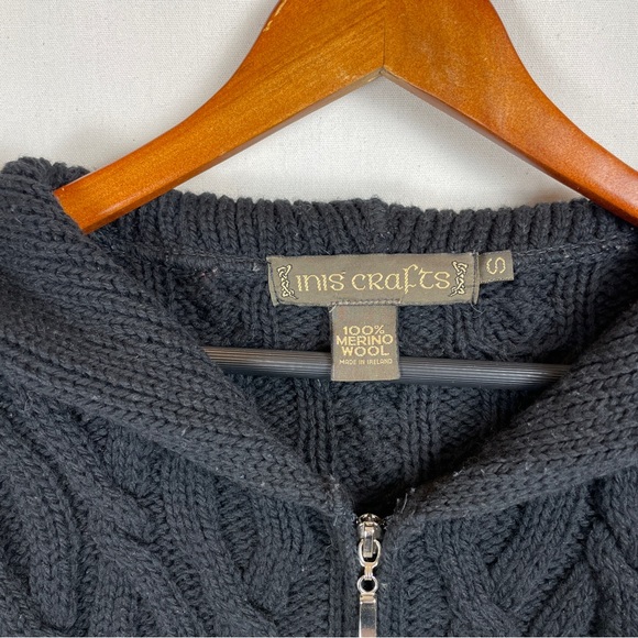 Inis Crafts 100% Merino Wool Black Cardigan Cable Knit Size S - Picture 9 of 10